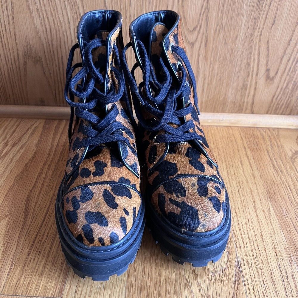SCHUTZ Maylova Leopard Combat Boot Lugged Calf Hair‎ Lace Up Women's 6B